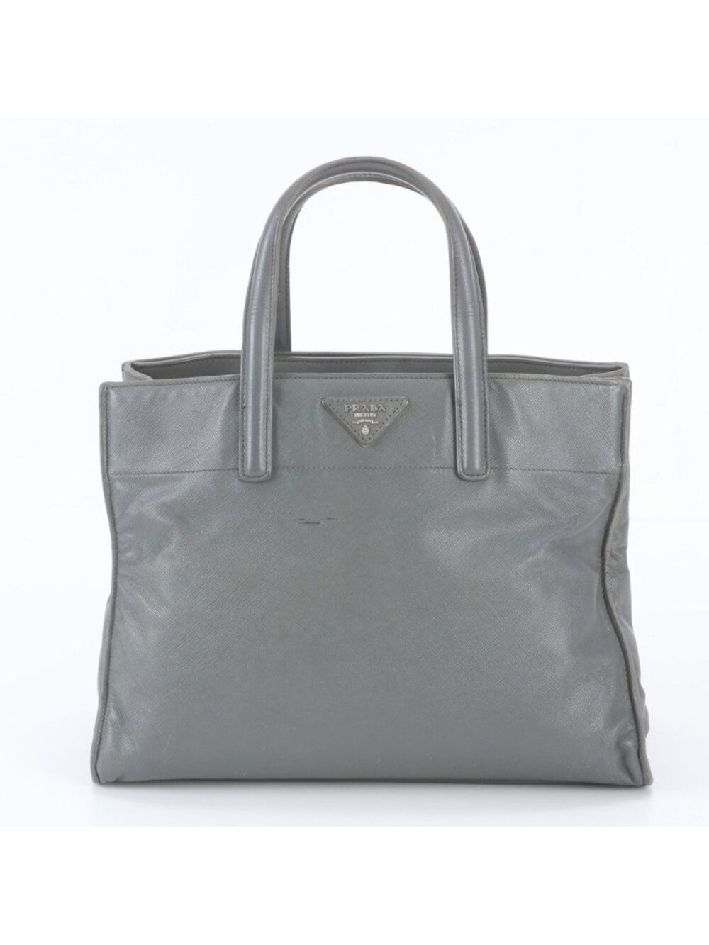 Prada Triangle Logo Leather Tote Bag Shoulder Hand Gray